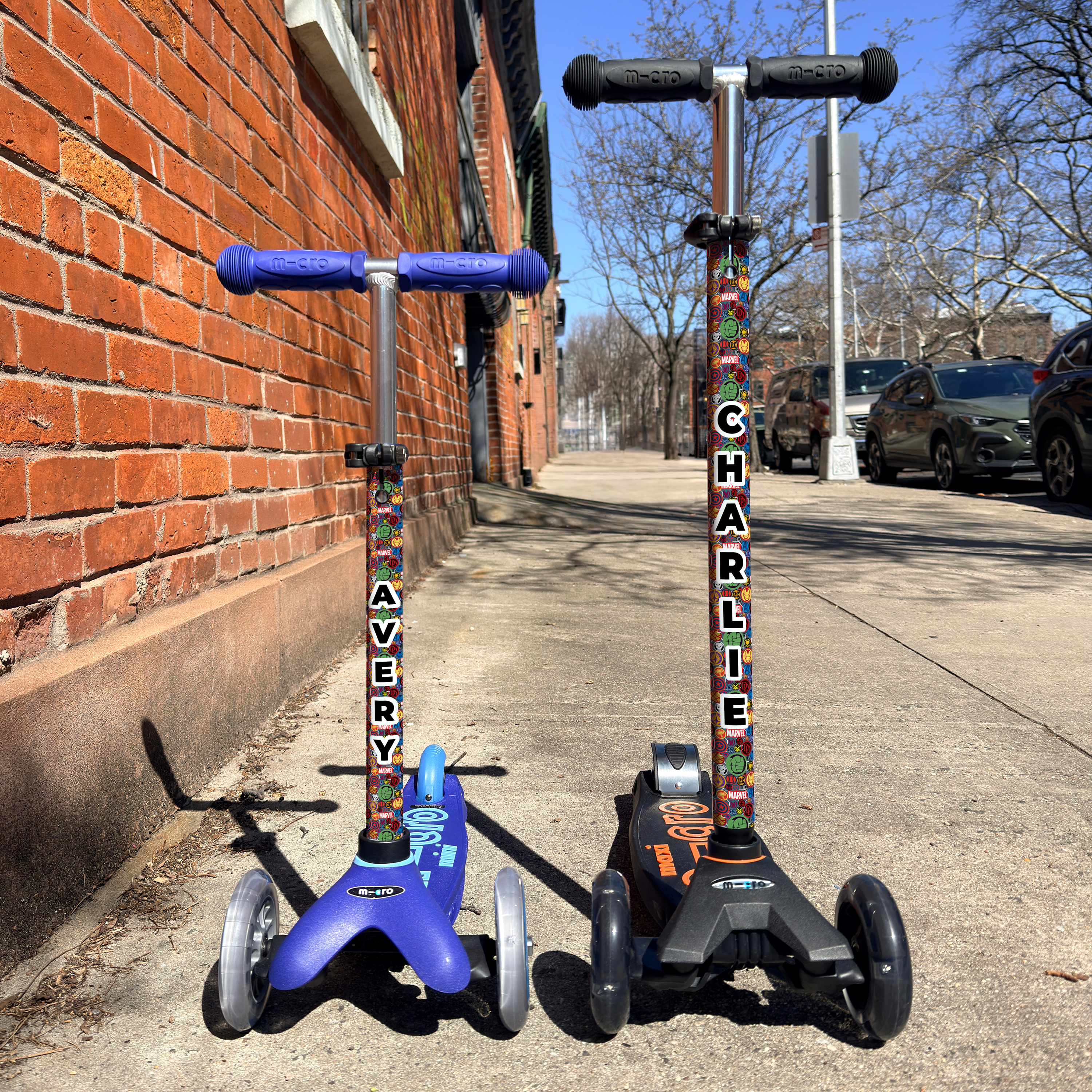 Marvel superheroes vinyl scooter wrap for Micro Mini and Micro Maxi kids scooters by ScooterSkin Brooklyn