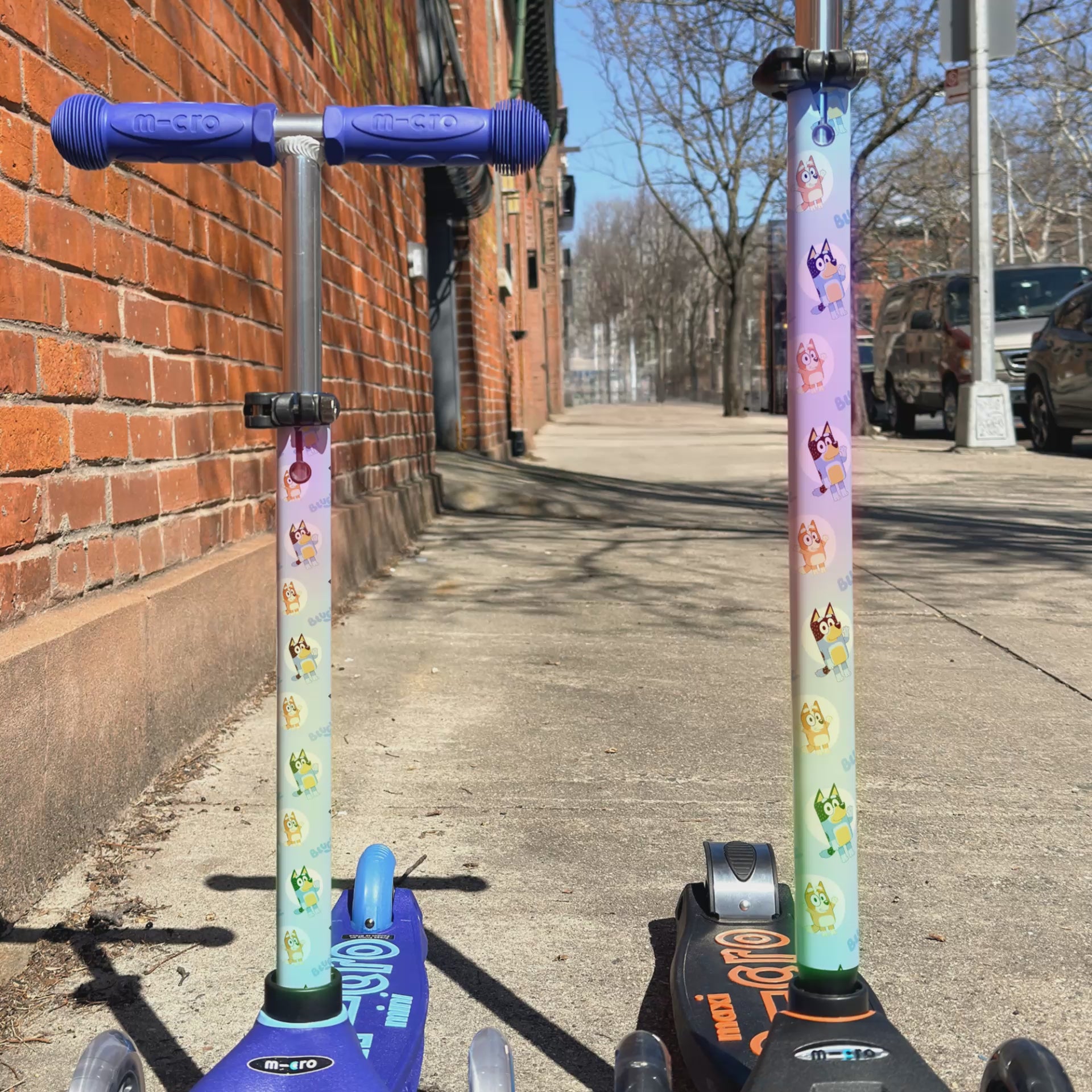 Bluey pattern vinyl scooter wrap for Micro Mini and Micro Maxi kids scooters by ScooterSkin Brooklyn