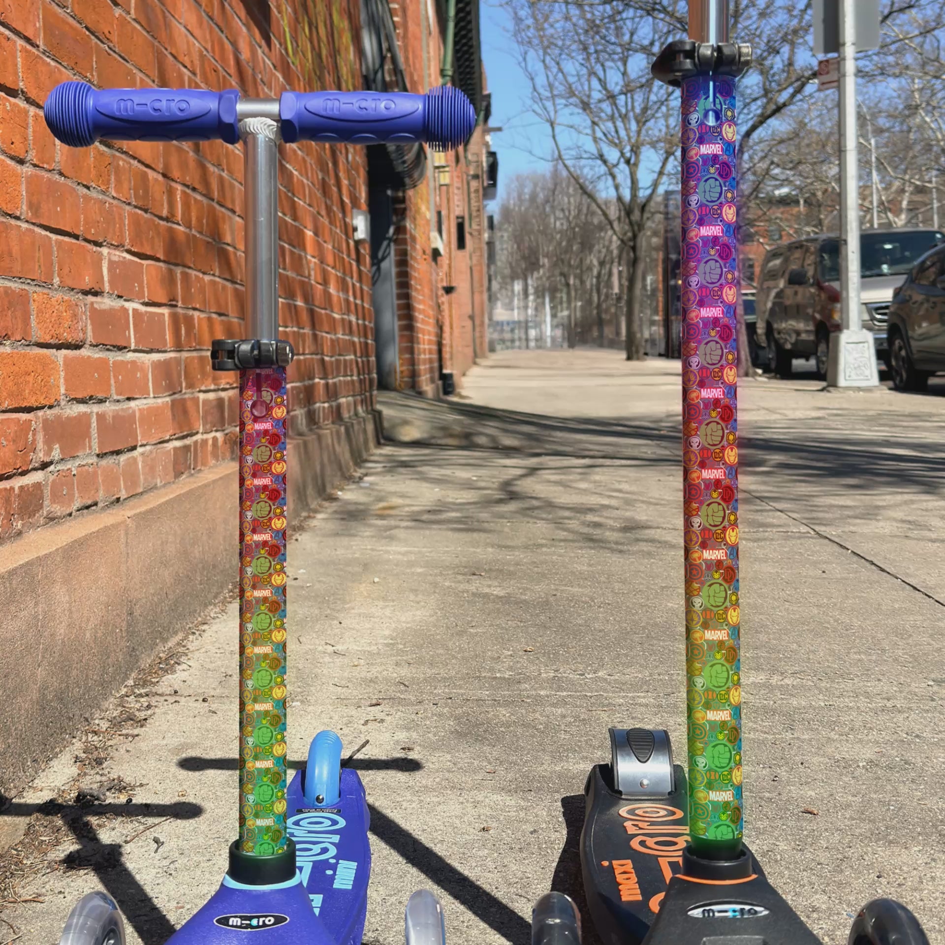 Marvel superheroes vinyl scooter wrap for Micro Mini and Micro Maxi kids scooters by ScooterSkin Brooklyn